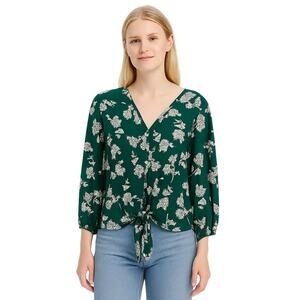 2/$30 West Kei Knot Button-Down Floral Blouse Green Small #A0285 TRB2